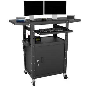 Mobile AV Cart with Pullout Keyboard Tray, Rolling Computer Cart Height Adjustable Rolling Media Utility Cart with Extra Storage Space, 4 Outlets, Perfect for Home or Office Use Mobile AV Cart with Pullout Keyboard Tray, Rolling Computer Cart Height Adjustable Rolling Media Utility Cart with Extra Storage Space, 4 Outlets, Perfect for Home or Office Use