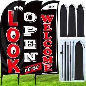 3 Sets Now Open Look Welcome Feather Flag Banners Advertising Sign for Business 7 Feet Tall Open Swooper Flag Sign with Fiberglass Pole Kit Rotating Ground Spike and Portable Bag (Black) 3 Sets Now Open Look Welcome Feather Flag Banners Advertising Sign for Business 7 Feet Tall Open Swooper Flag Sign with Fiberglass Pole Kit Rotating Ground Spike and Portable Bag (Black)
