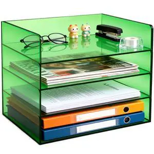 Acrylic File Organizer for Desk 4 Tiered Stackable Letter Tray Office Paper Storage Desktop Document Sorter, Emerald Green Acrylic File Organizer for Desk 4 Tiered Stackable Letter Tray Office Paper Storage Desktop Document Sorter, Emerald Green