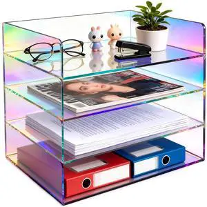 Acrylic File Organizer for Desk 4 Tiered Stackable Letter Tray Office Paper Storage Desktop Document Sorter, Iridescent Acrylic File Organizer for Desk 4 Tiered Stackable Letter Tray Office Paper Storage Desktop Document Sorter, Iridescent