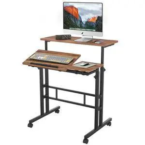 Mobile Small Standing Desk Adjustable Height, Computer Workstations with Tiltable Tabletop, Lockable Wheels, Portable Rolling Laptop Desk for Home Office, Brown Mobile Small Standing Desk Adjustable Height, Computer Workstations with Tiltable Tabletop, Lockable Wheels, Portable Rolling Laptop Desk for Home Office, Brown