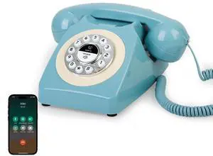 Retro Blue Bluetooth Landline Phone, Mid-Century Style Desk Telephone with Classic Handset, Loud Vintage Ringtones, Bluetooth Connects to Smartphone, Cute Retro Decor Phone for Bedroom, Home & Office Retro Blue Bluetooth Landline Phone, Mid-Century Style Desk Telephone with Classic Handset, Loud Vintage Ringtones, Bluetooth Connects to Smartphone, Cute Retro Decor Phone for Bedroom, Home & Office