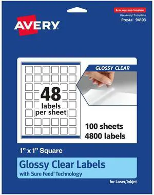 ® Glossy Clear Square Labels, Sure Feed® Technology, 1" x 1", 4,800 Glossy Clear Labels, Print-to-The-Edge, Laser/Inkjet Printable ® Glossy Clear Square Labels, Sure Feed® Technology, 1" x 1", 4,800 Glossy Clear Labels, Print-to-The-Edge, Laser/Inkjet Printable