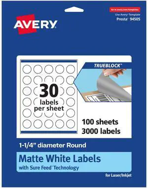 ® TrueBlock® Matte White Round Labels, Sure Feed® Technology, 1.25" Diameter, 3,000 Matte White Labels, Print-to-The-Edge, Laser/Inkjet Printable, Great for Product Merchandising Stickers ® TrueBlock® Matte White Round Labels, Sure Feed® Technology, 1.25" Diameter, 3,000 Matte White Labels, Print-to-The-Edge, Laser/Inkjet Printable, Great for Product Merchandising Stickers