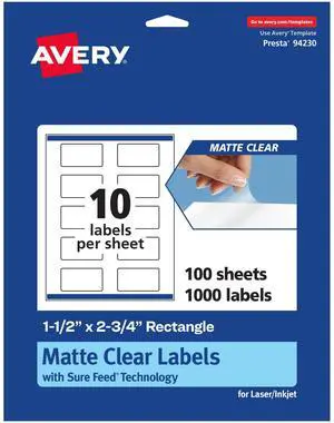 Matte Clear Rectangle Labels, Sure Feed Technology, 1.5" x 2.75", 1,000 Matte Clear Labels, Print-to-The-Edge, Laser/Inkjet Printable Matte Clear Rectangle Labels, Sure Feed Technology, 1.5" x 2.75", 1,000 Matte Clear Labels, Print-to-The-Edge, Laser/Inkjet Printable