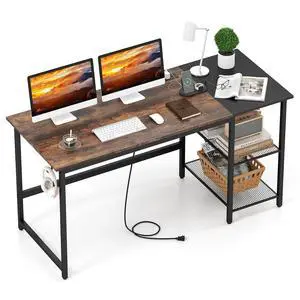 59 Inch Computer Desk with Charging Station, Home Office Desk with Storage Shelves & Hook, Modern Laptop PC Table Workstation, Study Writing Desk for Bedroom (Rustic Brown) 59 Inch Computer Desk with Charging Station, Home Office Desk with Storage Shelves & Hook, Modern Laptop PC Table Workstation, Study Writing Desk for Bedroom (Rustic Brown)