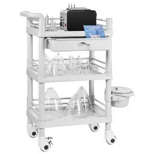 Beauty Trolley Cart with Wheels, Vacuum Therapy Machine Trolley with Handrail, Bucket and Big Drawer, 3 Tier Heavy Duty Beauty Cart, Load 330lbs, 360° Rotate Silent Wheels Beauty Trolley Cart with Wheels, Vacuum Therapy Machine Trolley with Handrail, Bucket and Big Drawer, 3 Tier Heavy Duty Beauty Cart, Load 330lbs, 360° Rotate Silent Wheels