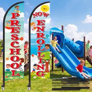 2 Pack 15ft x 2.5ft Now Enrolling Preschool Feather Flag Set Swooper Flag Weatherproof Advertising Banner Enrolling Sign with Flagpoles Ground Stakes for Kindergarten Business Advertising 2 Pack 15ft x 2.5ft Now Enrolling Preschool Feather Flag Set Swooper Flag Weatherproof Advertising Banner Enrolling Sign with Flagpoles Ground Stakes for Kindergarten Business Advertising