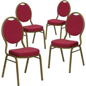 4 Pack HERCULES Series Teardrop Back Stacking Banquet Chair in Burgundy Patterned Fabric - Gold Frame 4 Pack HERCULES Series Teardrop Back Stacking Banquet Chair in Burgundy Patterned Fabric - Gold Frame