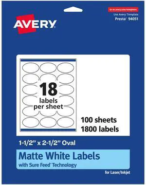 ® Matte White Oval Labels, Sure Feed® Technology, 1.5" x 2.5", 1,800 Matte White Printable Labels ® Matte White Oval Labels, Sure Feed® Technology, 1.5" x 2.5", 1,800 Matte White Printable Labels