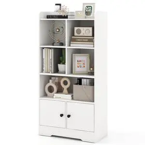 4-Tier Bookcase with Doors, Small Bookshelf with 5 Cubbies and 2 Cabinets, White Freestanding Bookshelf, 47.5" Wooden Storage Cabinet Organizer for Living Room, Office, Study (White) 4-Tier Bookcase with Doors, Small Bookshelf with 5 Cubbies and 2 Cabinets, White Freestanding Bookshelf, 47.5" Wooden Storage Cabinet Organizer for Living Room, Office, Study (White)