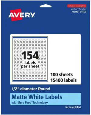 Matte White Round Labels, Sure Feed Technology, 1/2" Diameter, 15,400 Matte White Printable Labels Matte White Round Labels, Sure Feed Technology, 1/2" Diameter, 15,400 Matte White Printable Labels