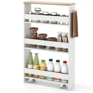 Slim 4-Tier Rolling Utility Cart, Wooden Shelving Unit with Handle & Wheels, Ideal for Small Spaces Slim 4-Tier Rolling Utility Cart, Wooden Shelving Unit with Handle & Wheels, Ideal for Small Spaces