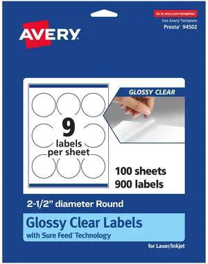 ® Glossy Clear Round Labels, Sure Feed® Technology, 2.5" Diameter, 900 Glossy Clear Labels, Print-to-The-Edge, Laser/Inkjet Printable ® Glossy Clear Round Labels, Sure Feed® Technology, 2.5" Diameter, 900 Glossy Clear Labels, Print-to-The-Edge, Laser/Inkjet Printable