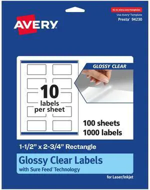 ® Glossy Clear Rectangle Labels, Sure Feed® Technology, 1.5" x 2.75", 1,000 Glossy Clear Labels, Print-to-The-Edge, Laser/Inkjet Printable ® Glossy Clear Rectangle Labels, Sure Feed® Technology, 1.5" x 2.75", 1,000 Glossy Clear Labels, Print-to-The-Edge, Laser/Inkjet Printable