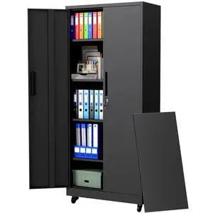 73" H Metal Cabinet with Wheels, Lockable Storage Cabinet, Black | Cabinets with 2 Doors and 4 Adjustable Shelves, Steel Garage Storage Cabinets for Workshop Home Office, 73"H x 16"D x 32"W 73" H Metal Cabinet with Wheels, Lockable Storage Cabinet, Black | Cabinets with 2 Doors and 4 Adjustable Shelves, Steel Garage Storage Cabinets for Workshop Home Office, 73"H x 16"D x 32"W