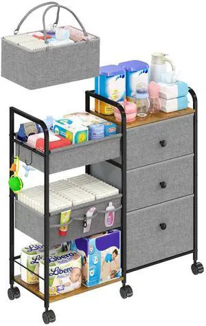 2In1 Baby Diaper Caddy Organizer and Storage, 3 Tier Rolling Cart with Dividers and Drawers, Mobile Utility Cart Baby Dresser Clothes Organizer for Changing Table, Crib Nursery, Bedroom, Grey 2In1 Baby Diaper Caddy Organizer and Storage, 3 Tier Rolling Cart with Dividers and Drawers, Mobile Utility Cart Baby Dresser Clothes Organizer for Changing Table, Crib Nursery, Bedroom, Grey