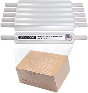 20" x 1000' Hand Stretch Wrap Roll with Extended Core Handles (Pack of 6 Rolls) - Extra Sticky Clear Stretch Wrap Film for Moving and Packing - Tear-Resistant Plastic Wrap for Moving 20" x 1000' Hand Stretch Wrap Roll with Extended Core Handles (Pack of 6 Rolls) - Extra Sticky Clear Stretch Wrap Film for Moving and Packing - Tear-Resistant Plastic Wrap for Moving