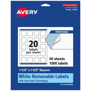 ® Matte White Removable Square Labels, Sure Feed® Technology, Print-to-The-Edge, 1.5" x 1.5", 1,000 Removable Labels, Laser/Inkjet Printable ® Matte White Removable Square Labels, Sure Feed® Technology, Print-to-The-Edge, 1.5" x 1.5", 1,000 Removable Labels, Laser/Inkjet Printable