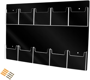 Brochure Holder Wall Hanging with Hardware for 4" Trifolds 10 Slot Rack Black PVC Backing with Clear Pockets for Maps and Menus Brochure Holder Wall Hanging with Hardware for 4" Trifolds 10 Slot Rack Black PVC Backing with Clear Pockets for Maps and Menus