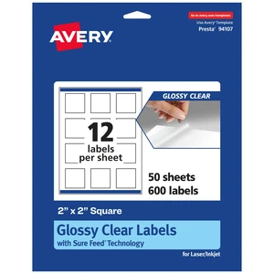 ® Glossy Clear Square Labels, Sure Feed® Technology, 2" x 2", 600 Glossy Clear Labels, Print-to-The-Edge, Laser/Inkjet Printable ® Glossy Clear Square Labels, Sure Feed® Technology, 2" x 2", 600 Glossy Clear Labels, Print-to-The-Edge, Laser/Inkjet Printable