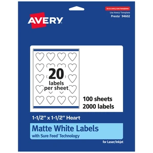 ® Matte White Heart Labels, Sure Feed® Technology, 1.5" x 1.5", 2,000 Matte White Printable Labels ® Matte White Heart Labels, Sure Feed® Technology, 1.5" x 1.5", 2,000 Matte White Printable Labels