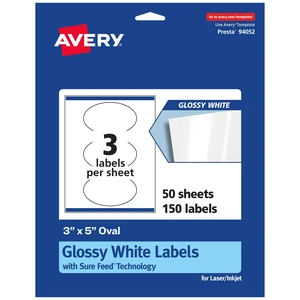 ® Glossy White Oval Labels, Sure Feed® Technology, 3" x 5", 150 Glossy White Labels, Print-to-The-Edge, Permanent Adhesive, Laser/Inkjet Printable ® Glossy White Oval Labels, Sure Feed® Technology, 3" x 5", 150 Glossy White Labels, Print-to-The-Edge, Permanent Adhesive, Laser/Inkjet Printable