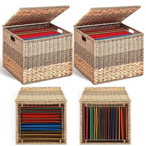 2pcs Decorative File Box Wicker File Basket, Letter Size Hanging Filing Cabinet with Lid, Handwoven Storage Organizer, Document Home Office, School Years Memory Box, Water Hyacinth 2pcs Decorative File Box Wicker File Basket, Letter Size Hanging Filing Cabinet with Lid, Handwoven Storage Organizer, Document Home Office, School Years Memory Box, Water Hyacinth