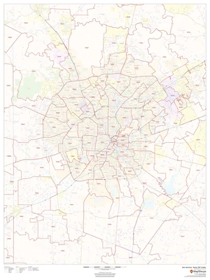 San Antonio, Texas Zip Codes - 36" x 48" Paper Wall Map San Antonio, Texas Zip Codes - 36" x 48" Paper Wall Map