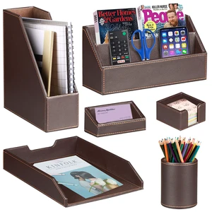 PU Leather 6-piece Office Supplies Combination Set,Pencil Cup,Business Card Holder,Sticky Note Dispenser,Mail Sorter,Letter Tray,Files Holder,Suitable for Self-use and Friend Gifts (Brown) PU Leather 6-piece Office Supplies Combination Set,Pencil Cup,Business Card Holder,Sticky Note Dispenser,Mail Sorter,Letter Tray,Files Holder,Suitable for Self-use and Friend Gifts (Brown)