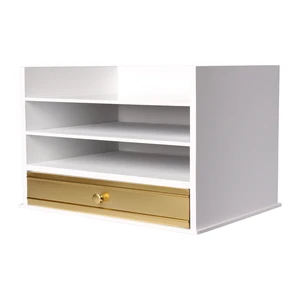 Industrious Desktop Wood Letter Tray with 3 Trays and Drawer, White and Gold Industrious Desktop Wood Letter Tray with 3 Trays and Drawer, White and Gold