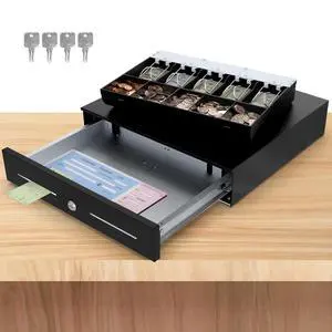 18" Cash Rigister Drawer High Capacity- Removable 5Bill/5Coin Insert Tray, Auto Electronic Open, RJ11/12 Cable, 24V, Key Lock, Double Media Slots Cash Box 18" Cash Rigister Drawer High Capacity- Removable 5Bill/5Coin Insert Tray, Auto Electronic Open, RJ11/12 Cable, 24V, Key Lock, Double Media Slots Cash Box