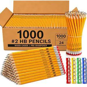 Wood-Cased #2 HB Pencils Bulk Pack 1000 Pencils Pre-Sharpened 24 Sharpeners | Pencils Bulk, Classroom Use, Back to School Supplies, Writing Drawing Sketching, Yellow #2 HB Pencils with Erasers in Box Wood-Cased #2 HB Pencils Bulk Pack 1000 Pencils Pre-Sharpened 24 Sharpeners | Pencils Bulk, Classroom Use, Back to School Supplies, Writing Drawing Sketching, Yellow #2 HB Pencils with Erasers in Box