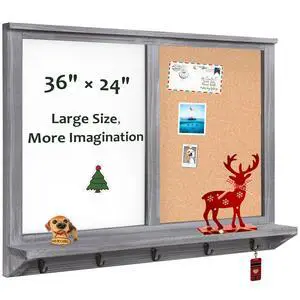Large Dry Erase Board & Cork Board Combo,35.4"×23.6",Vintage Gray | Whiteboard & Bulletin Board Combo,Solid Pine Wood Frame,Wall-Mounted Mail Sorter & Key Hooks,Writing,Notes,Pinning Photos Large Dry Erase Board & Cork Board Combo,35.4"×23.6",Vintage Gray | Whiteboard & Bulletin Board Combo,Solid Pine Wood Frame,Wall-Mounted Mail Sorter & Key Hooks,Writing,Notes,Pinning Photos