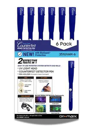 BioGuard Dual Test Counterfeit Money Detector Pen withUV Light Head (6 Pack Dual Test) BioGuard Dual Test Counterfeit Money Detector Pen withUV Light Head (6 Pack Dual Test)