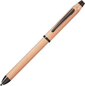 Tech3+ with Sophisticated Brushed Rose Gold Diamond Pattern Finish Barrel, 0.5mm Pencil, Black and Red Ink Refills, Interchangeable Cap Tops in Premium gift box Tech3+ with Sophisticated Brushed Rose Gold Diamond Pattern Finish Barrel, 0.5mm Pencil, Black and Red Ink Refills, Interchangeable Cap Tops in Premium gift box