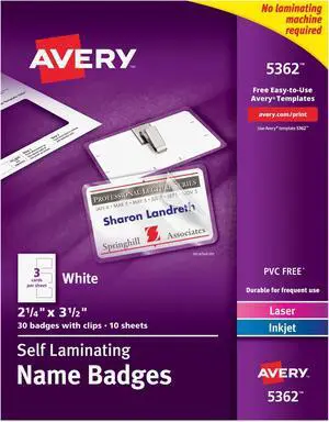 Customizable Self-Laminating Name Badges with Clips, 2.25" x 3.5", White Printable Inserts, 30 Clip Style Laminated Badges (5362) (Pack of 5) Customizable Self-Laminating Name Badges with Clips, 2.25" x 3.5", White Printable Inserts, 30 Clip Style Laminated Badges (5362) (Pack of 5)