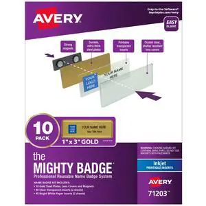 Reusable Magnetic Professional Name Badge System, 1" x 3" Gold Name Tags, 10 Identification Badges, 80 Inkjet Printable Inserts, Design Software Included (71203) Reusable Magnetic Professional Name Badge System, 1" x 3" Gold Name Tags, 10 Identification Badges, 80 Inkjet Printable Inserts, Design Software Included (71203)