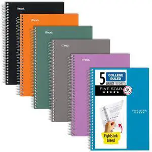 Small Spiral Notebooks, 6 Pack, 5 Subject, College Ruled Paper, 180 Sheets, Small, 9-1/2" x 6", Amethyst Purple, Sedona Orange, Seaglass Green, Tidewater Blue, Gray, Black (73527) Small Spiral Notebooks, 6 Pack, 5 Subject, College Ruled Paper, 180 Sheets, Small, 9-1/2" x 6", Amethyst Purple, Sedona Orange, Seaglass Green, Tidewater Blue, Gray, Black (73527)