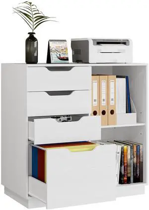 4 Drawer Filing Cabinet Organizer with 2 Open Shelves, Heavy Duty for Storing Letter A4 Size and Printer, Wood Lateral File Cabinets for Home Office, Hanging Files, White, Easy Assembly 4 Drawer Filing Cabinet Organizer with 2 Open Shelves, Heavy Duty for Storing Letter A4 Size and Printer, Wood Lateral File Cabinets for Home Office, Hanging Files, White, Easy Assembly