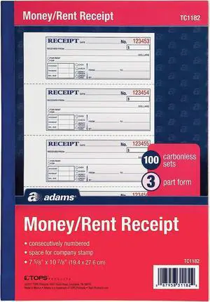 Money and Rent Receipt Book, 3-Part, Carbonless, White/Canary/Pink,7 5/8" x 10 7/8", 100 Sets per Book (TC1182) (12 Pack) (Two 6 Packs) Money and Rent Receipt Book, 3-Part, Carbonless, White/Canary/Pink,7 5/8" x 10 7/8", 100 Sets per Book (TC1182) (12 Pack) (Two 6 Packs)