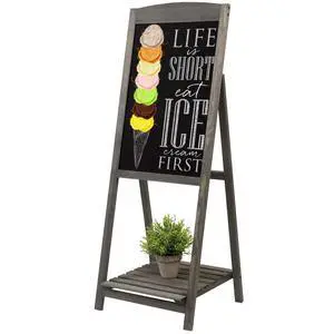 Vintage Gray Wood A-Frame Chalkboard Easel, 45" Freestanding Decorative Chalkboard Sign with Plant Shelf Stand Vintage Gray Wood A-Frame Chalkboard Easel, 45" Freestanding Decorative Chalkboard Sign with Plant Shelf Stand