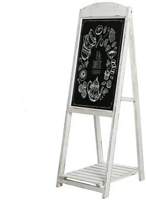 45 Inch Tall Vintage White Weathered Paulownia Wood Sidewalk Chalkboard Sign with Plant Shelf Stand, Freestanding A-Frame Easel Erasable Message Board 45 Inch Tall Vintage White Weathered Paulownia Wood Sidewalk Chalkboard Sign with Plant Shelf Stand, Freestanding A-Frame Easel Erasable Message Board