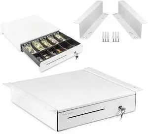 Cash Register Drawer with Under Counter Mounting Bracket - 16" White Drawer for POS, 5 Bill 6 Coin Cash Tray, Removable Coin Compartment, 12-24V RJ11/RJ12 Key-Lock, Media Slot - for Business Cash Register Drawer with Under Counter Mounting Bracket - 16" White Drawer for POS, 5 Bill 6 Coin Cash Tray, Removable Coin Compartment, 12-24V RJ11/RJ12 Key-Lock, Media Slot - for Business