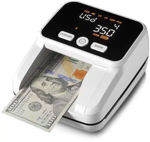 Counterfeit Bill Detector with 5 Detection Methods, White | UV/IR/MG//Size/Image, Easy to Read 2.8" Value Display, 4-Way Orientation, Money Checker for Dollars & Euros, Portable Counterfeit Bill Detector with 5 Detection Methods, White | UV/IR/MG//Size/Image, Easy to Read 2.8" Value Display, 4-Way Orientation, Money Checker for Dollars & Euros, Portable