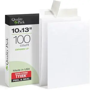 Tyvek Envelopes, 100 Pack, Large 10 x 13 Mailers, 1.5 Inch Expansion, Rip, Puncture & Water Resistant Self Sealing Mailing Bags for Lightweight Shipping, White Tyvek Envelopes, 100 Pack, Large 10 x 13 Mailers, 1.5 Inch Expansion, Rip, Puncture & Water Resistant Self Sealing Mailing Bags for Lightweight Shipping, White