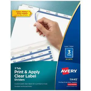 ® 3-Tab Dividers for 3 Ring Binder, Easy Print & Apply Clear Label Strip, Index Maker® Customizable White Tabs, 25 Sets (11445) ® 3-Tab Dividers for 3 Ring Binder, Easy Print & Apply Clear Label Strip, Index Maker® Customizable White Tabs, 25 Sets (11445)