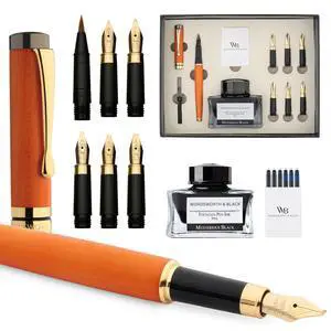 Luxury Bamboo Cherry Calligraphy Pen Set, 6 Nibs | Fountain Ink Bottle, Cartridges, Refill Converter, Gift for Men, Women, Smooth Writing, Journaling, Lettering Luxury Bamboo Cherry Calligraphy Pen Set, 6 Nibs | Fountain Ink Bottle, Cartridges, Refill Converter, Gift for Men, Women, Smooth Writing, Journaling, Lettering