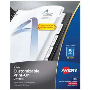 5-Tab Print-On Binder Dividers, White Tabs, 25 Sets (11517) 5-Tab Print-On Binder Dividers, White Tabs, 25 Sets (11517)