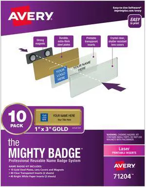 Reusable Magnetic Professional Name Badge System, 1" x 3" Gold Name Tags, 10 Identification Badges, 80 Laser Printable Inserts, Design Software Included (71204) Reusable Magnetic Professional Name Badge System, 1" x 3" Gold Name Tags, 10 Identification Badges, 80 Laser Printable Inserts, Design Software Included (71204)